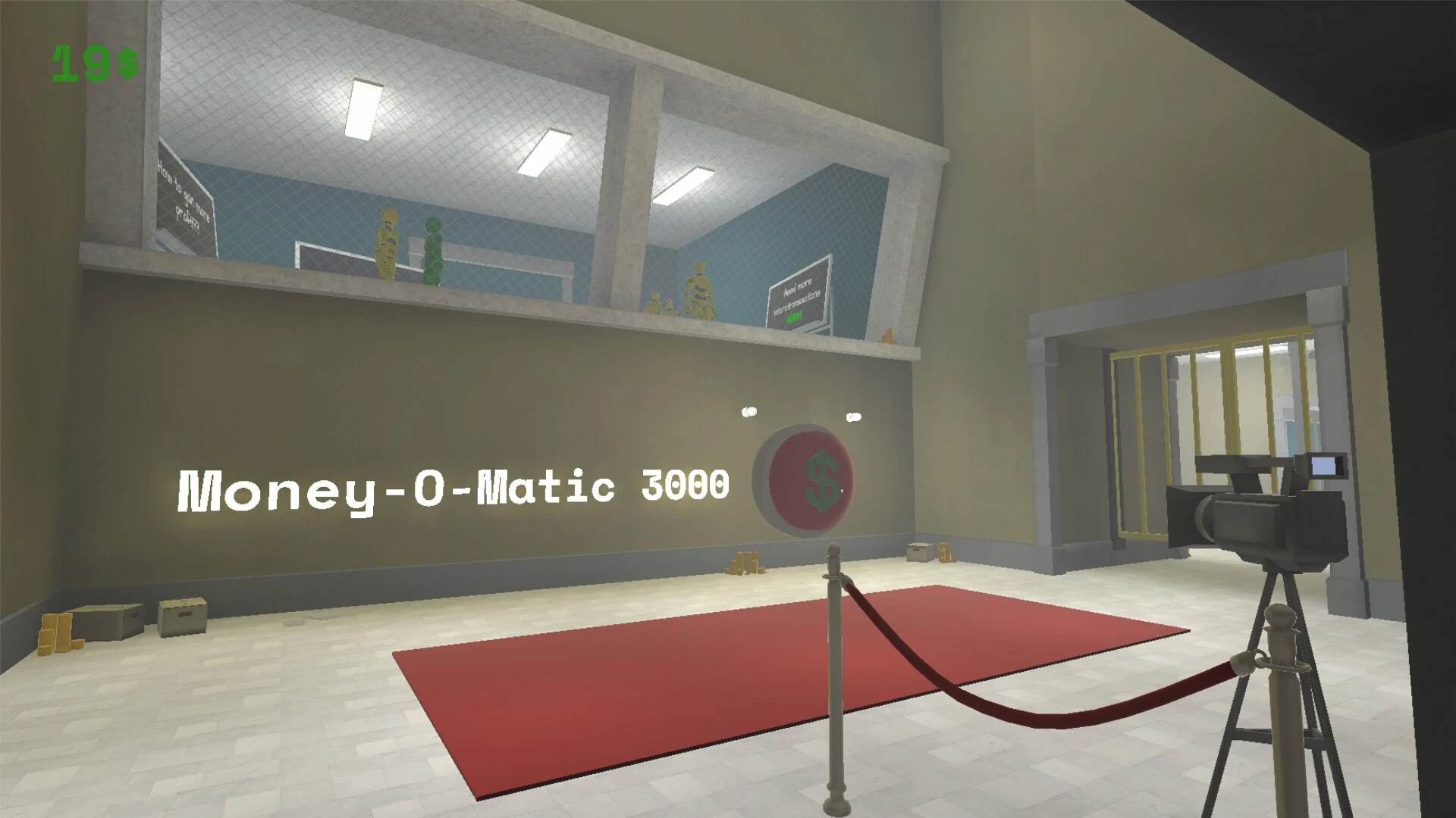 Screenshot of the game. A big red button is on the wall activating the Money-O-Matic 3000.