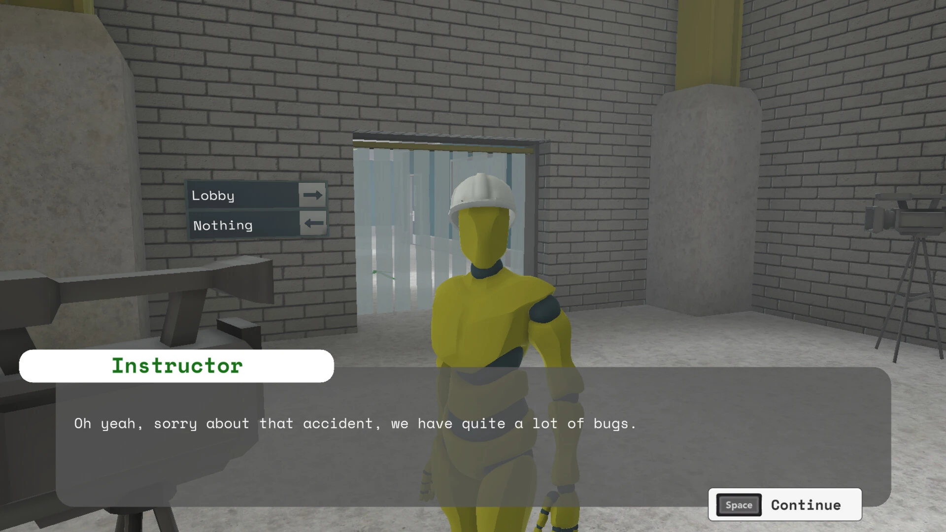 Screenshot of the game. An NPC wearing a hardhead showcasing some of the games dialogue.